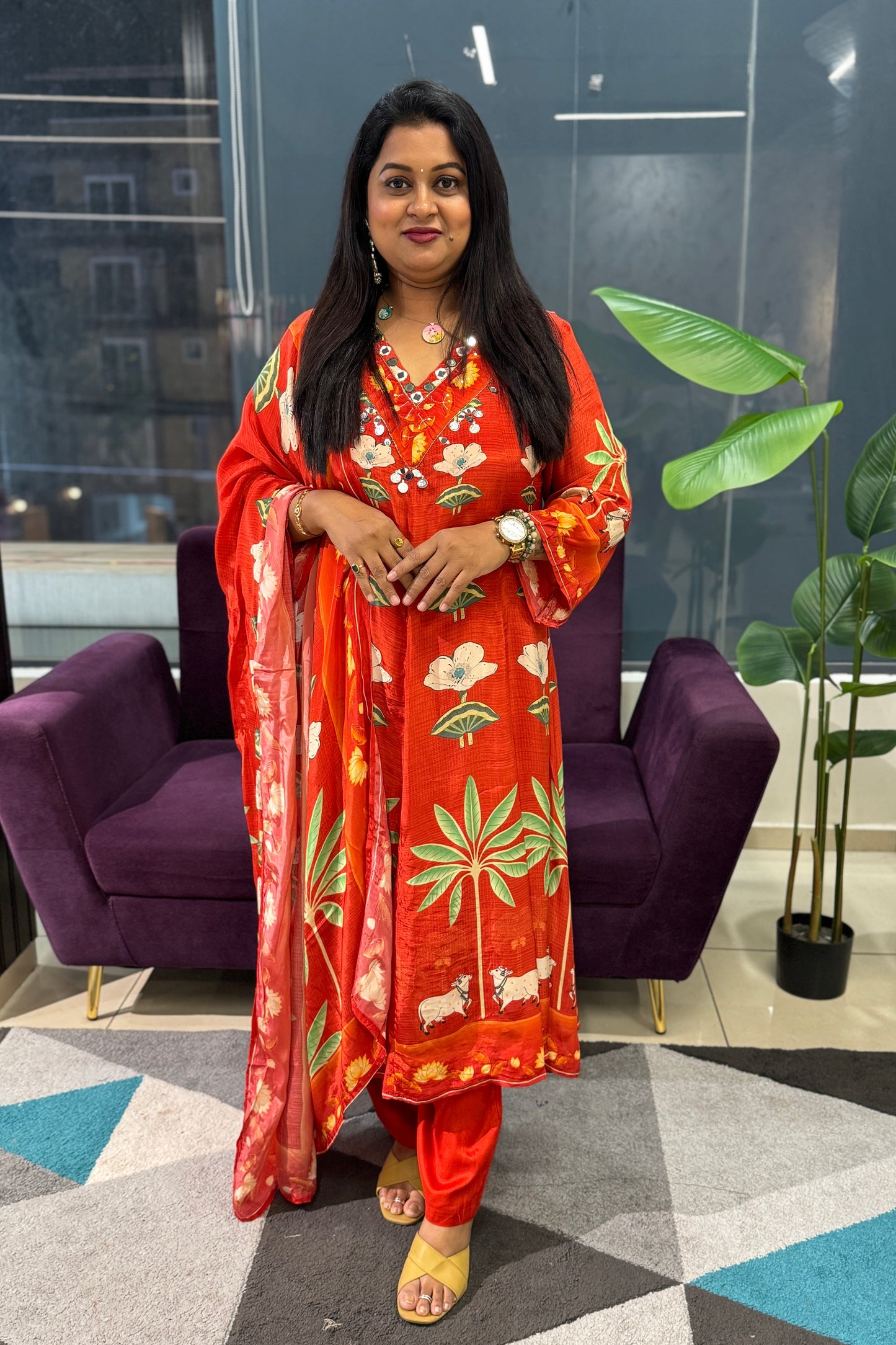 Pure Crepe pichwai print orange colour suit set