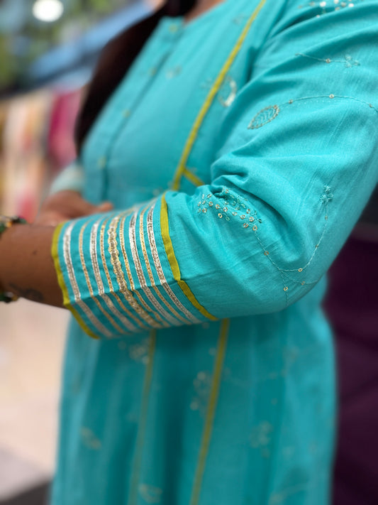 Premium cotton Sequence work suit set with Kota doriya dupatta