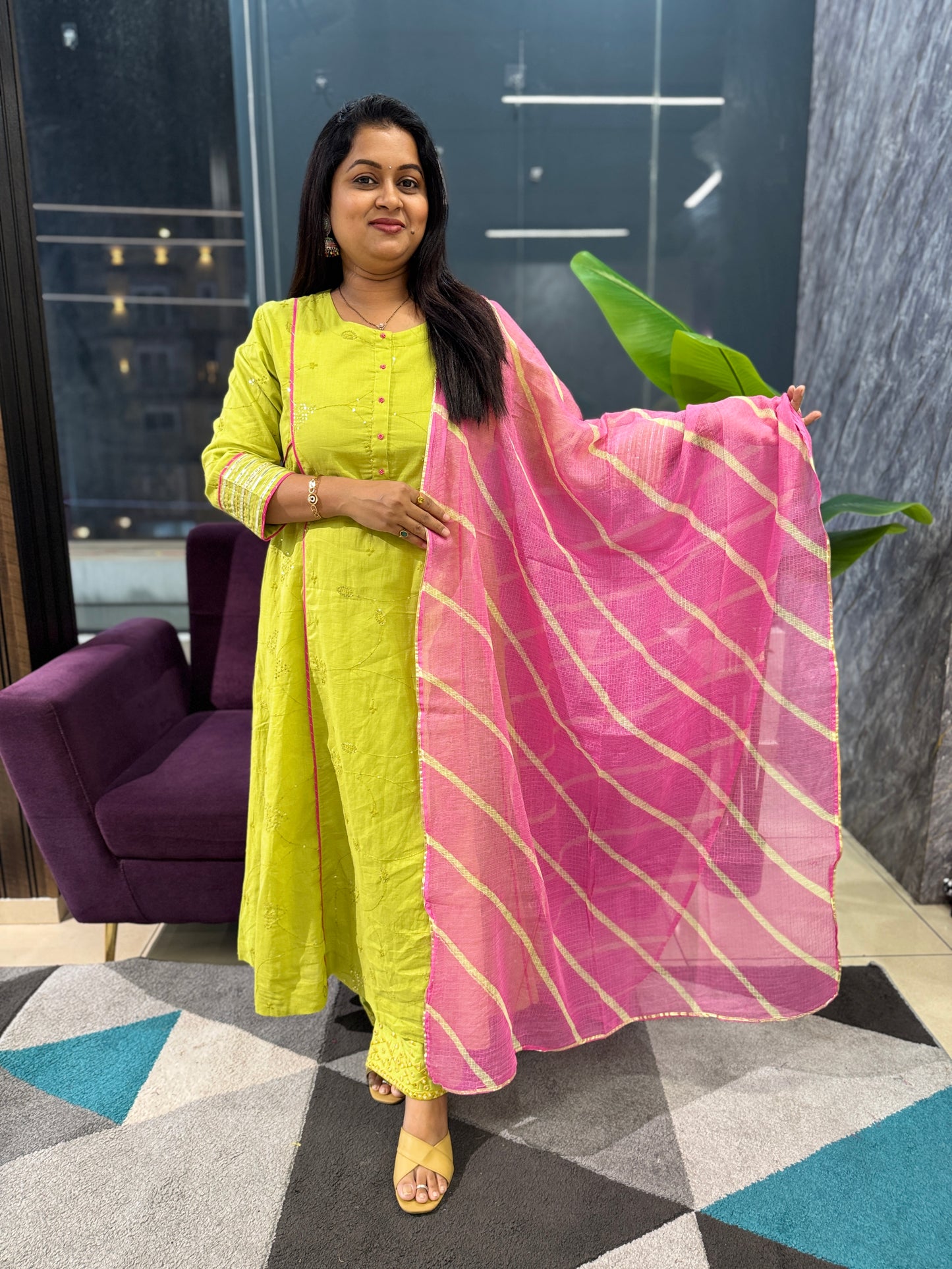 Premium cotton Sequence work suit set with Kota doriya dupatta