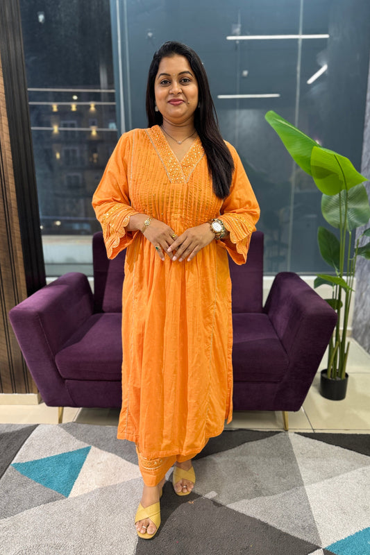 Orange colour Mulcotton Suit set with Kota Doriya dupatta