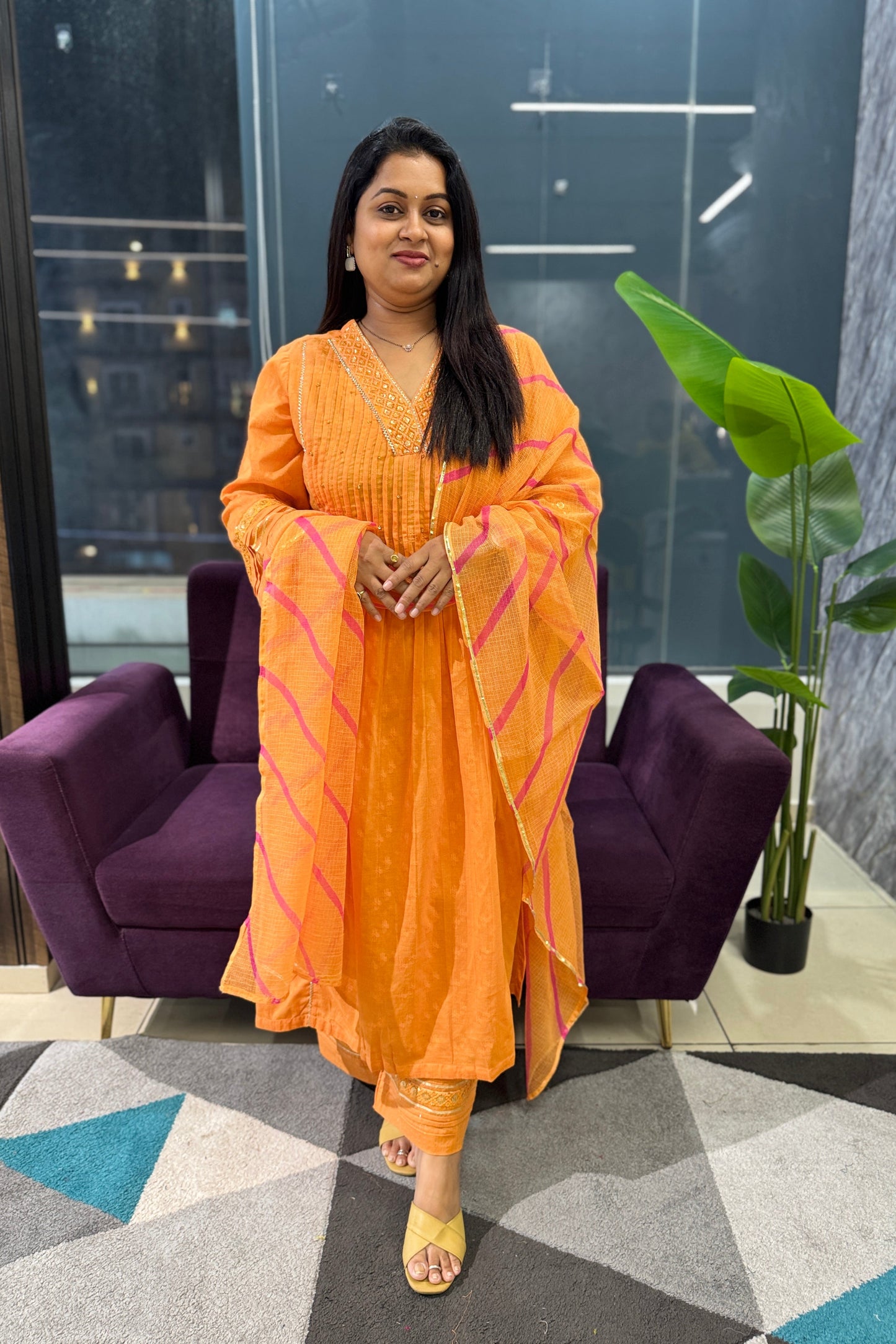 Orange colour Mulcotton Suit set with Kota Doriya dupatta