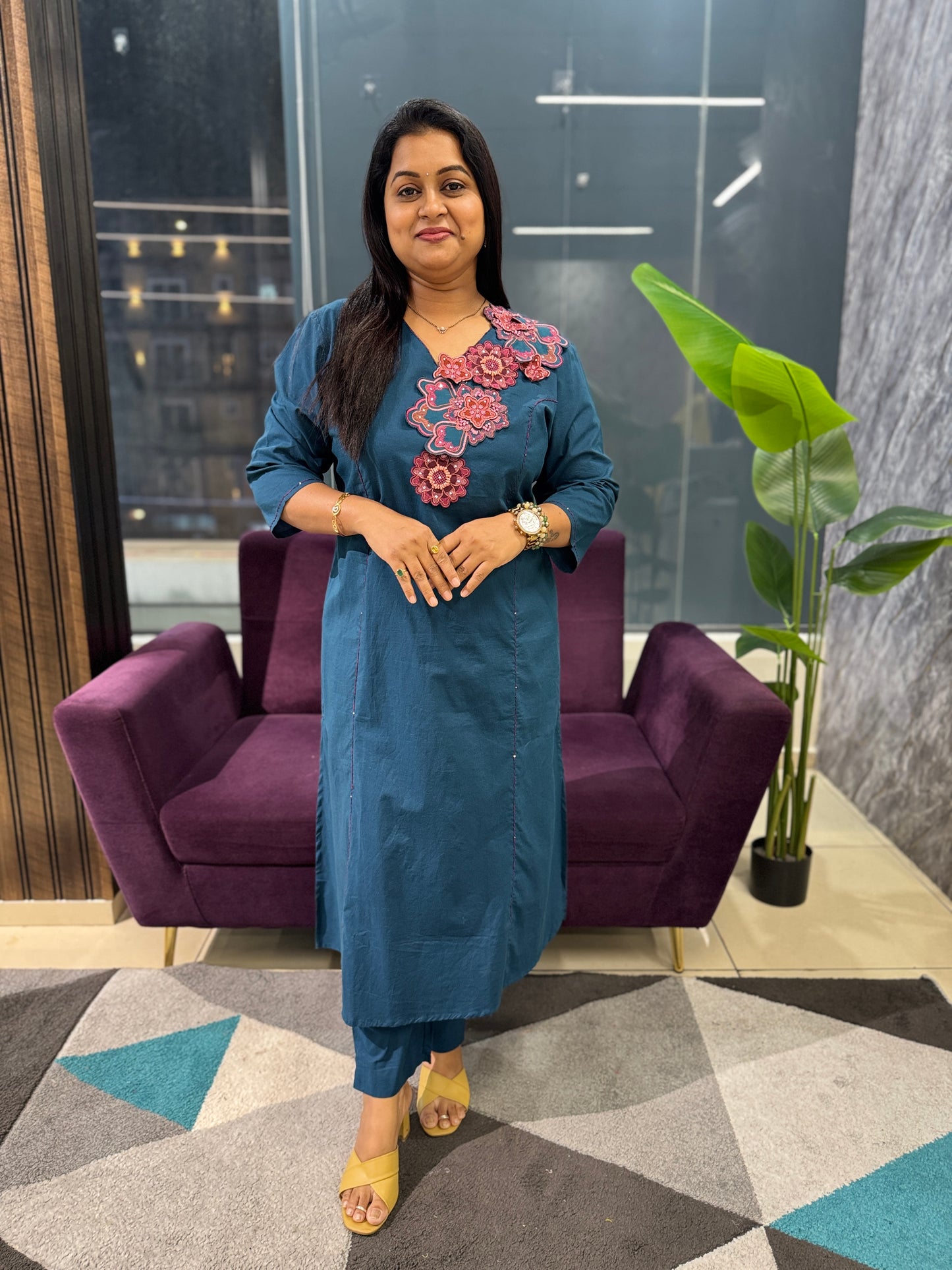 Cotton Aplique work Suit set with crush cotton dupatta