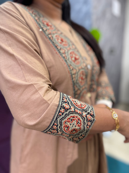 Brown Ajrakh patch work kurti pant