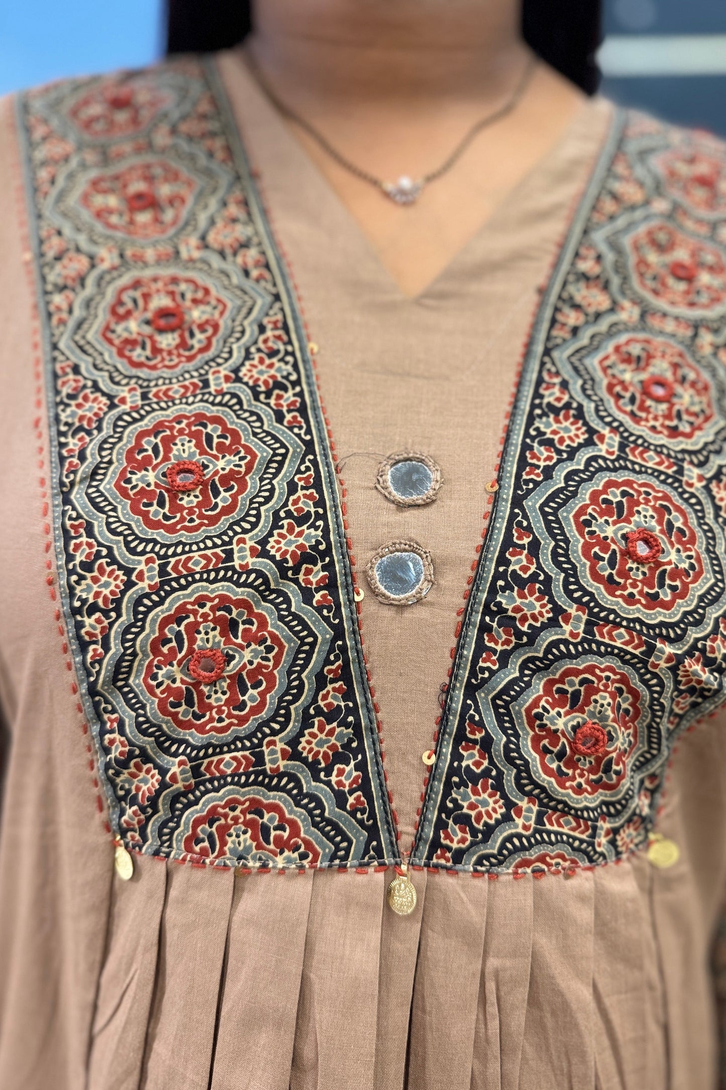 Brown Ajrakh patch work kurti pant