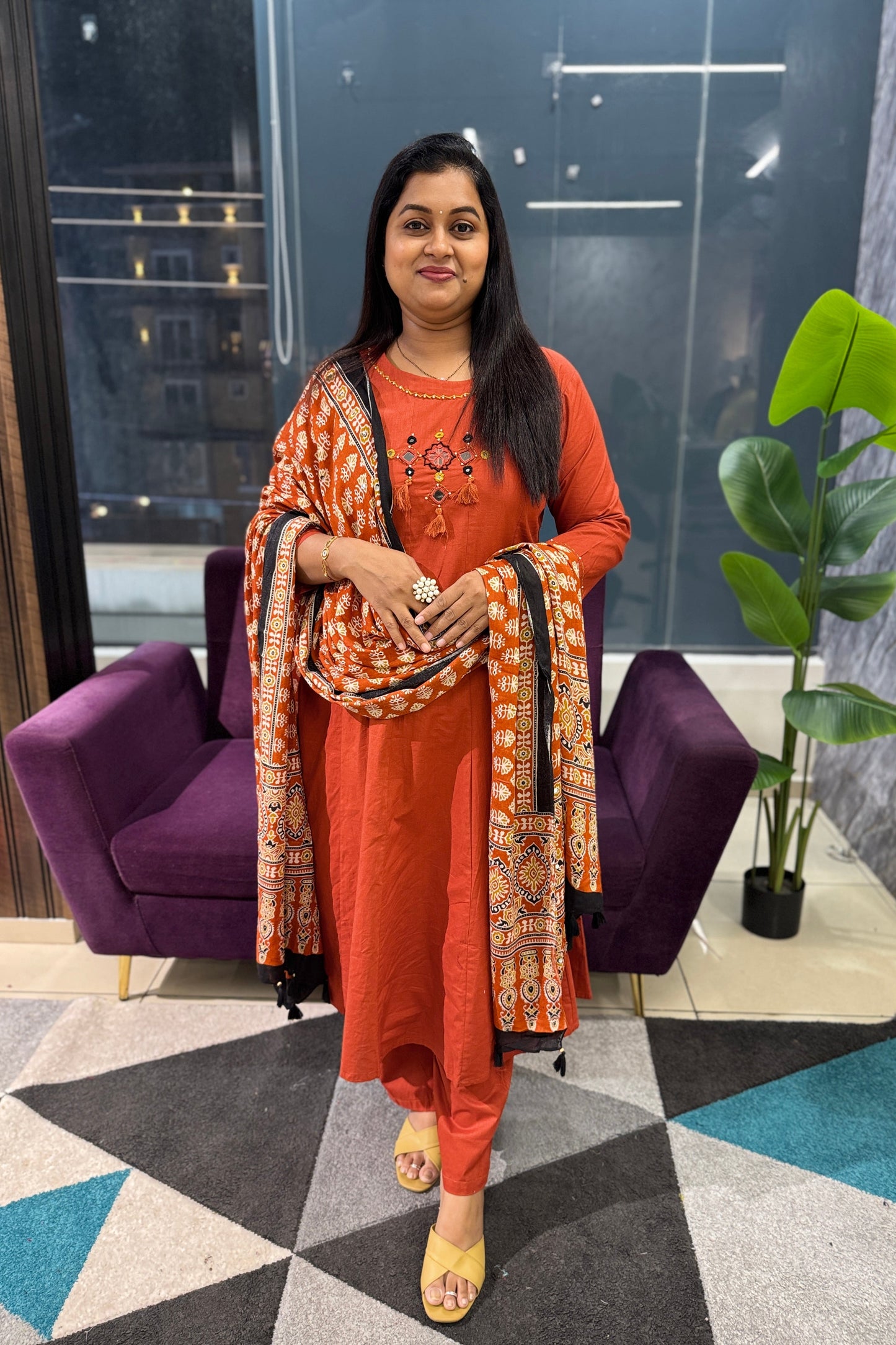 Bottle Green Kali Pattern Kurti Pant dupatta set