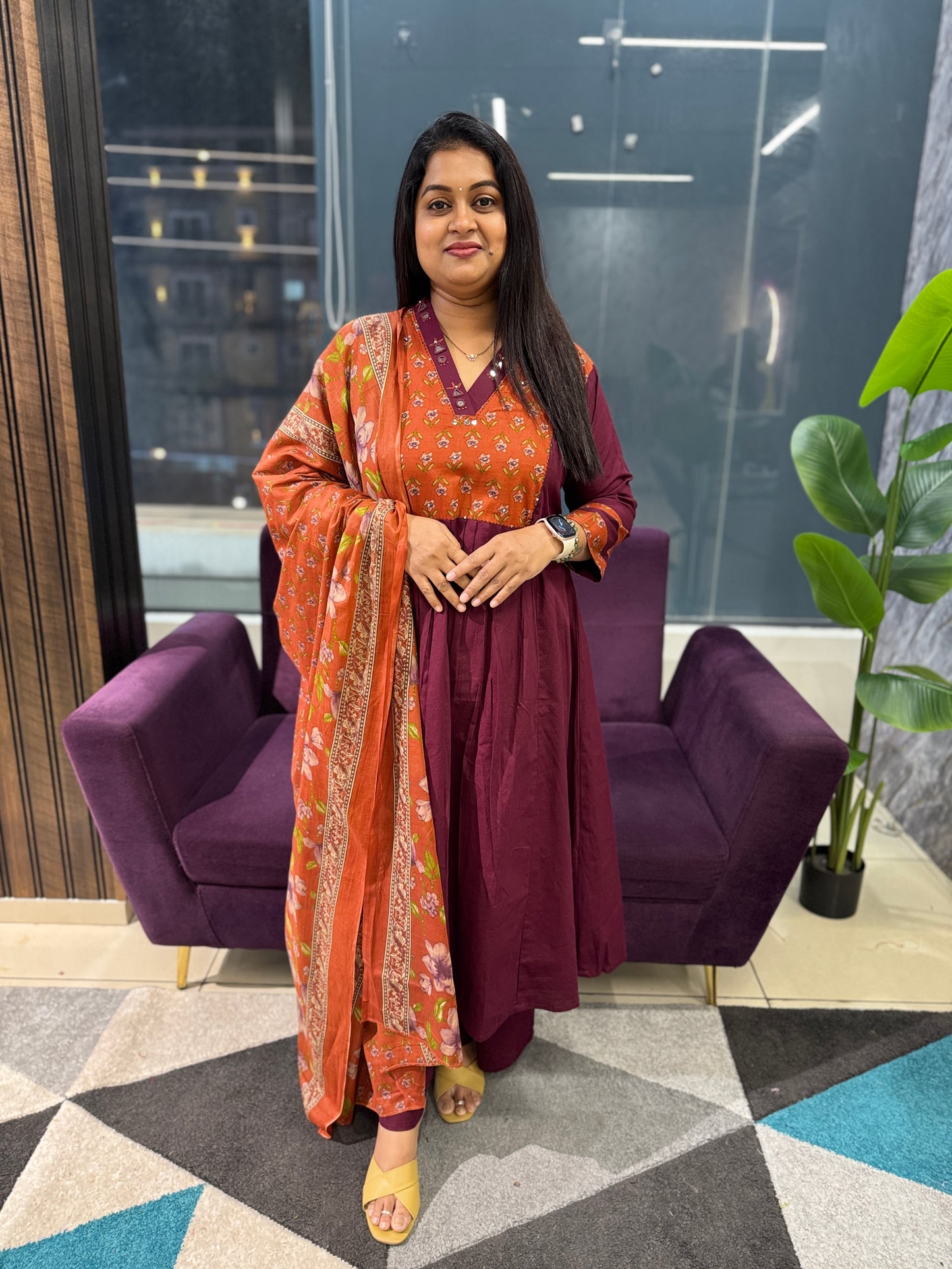 Maroon and Rust Orange Mirror work Kurti pant Dupatta