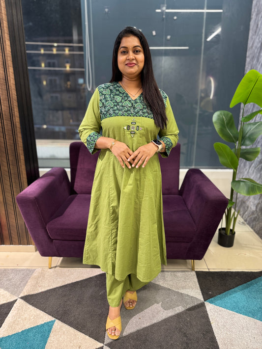 Green Mirror work cotton kurti pant dupatta