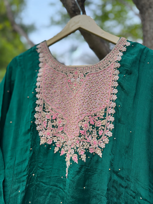Bottle Green Pure Chinnon Handwork Chinnon Suit Set