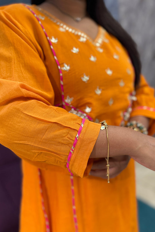 Orange Mulcotton Zari work Suit Set