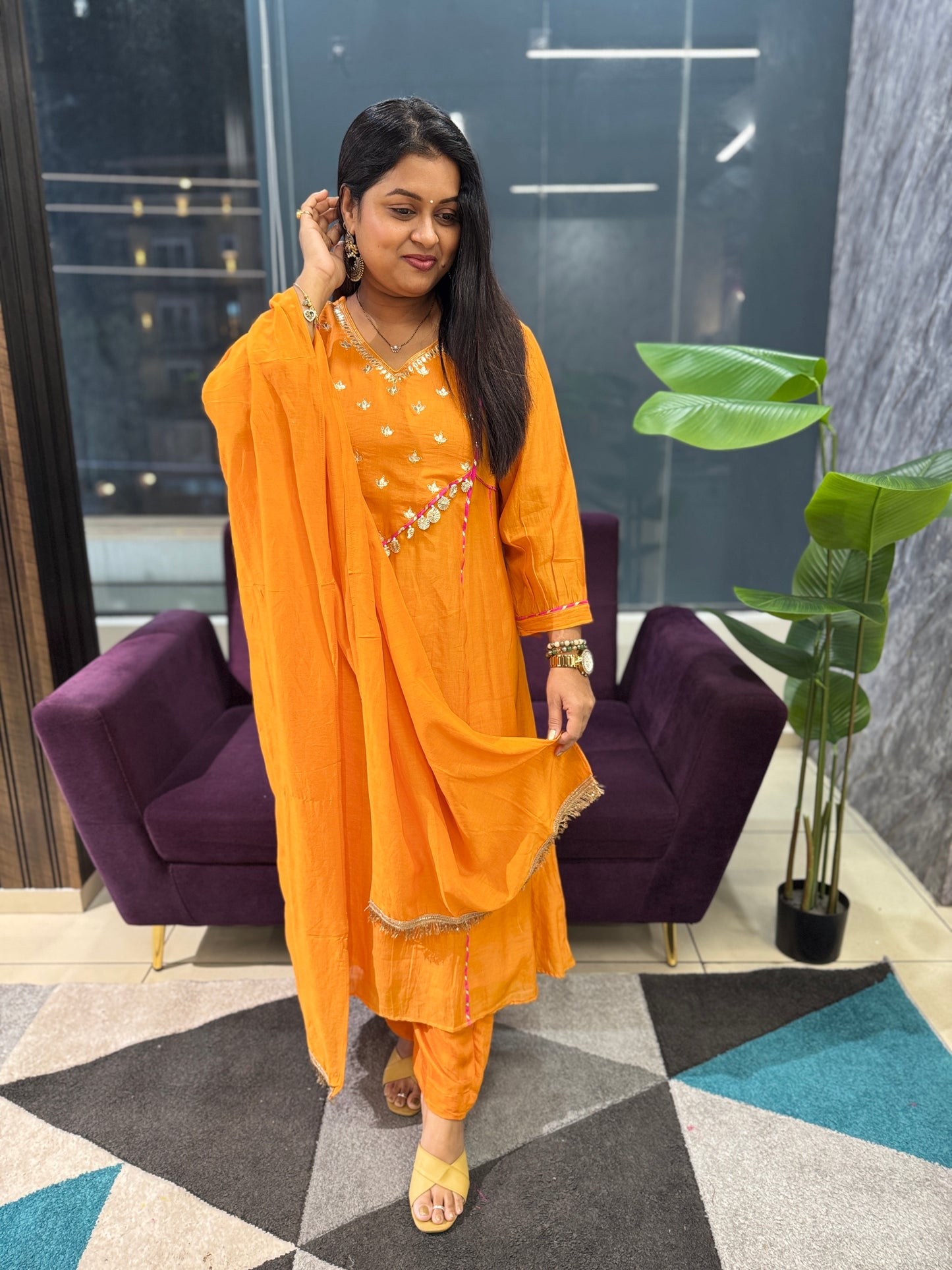 Orange Mulcotton Zari work Suit Set