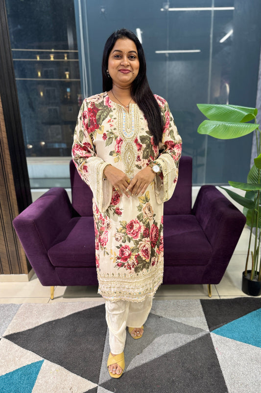 Cream and Red Floral Pure Crepe Designer Article