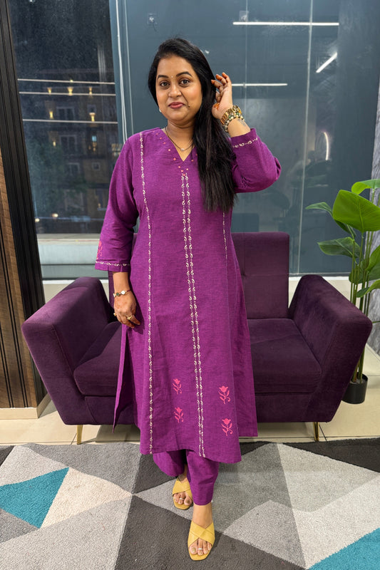Purple block print kurti pant