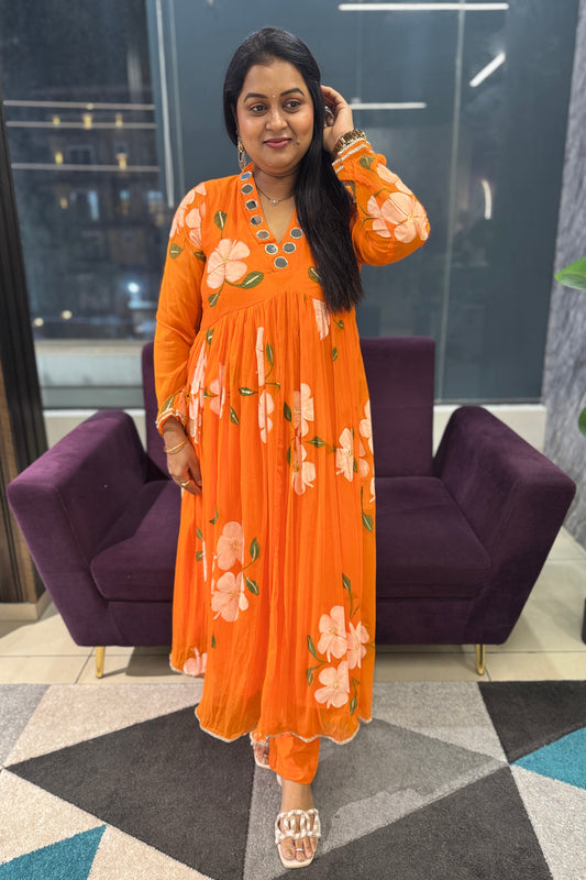 Chiffon Handpaint Orange Anarkali