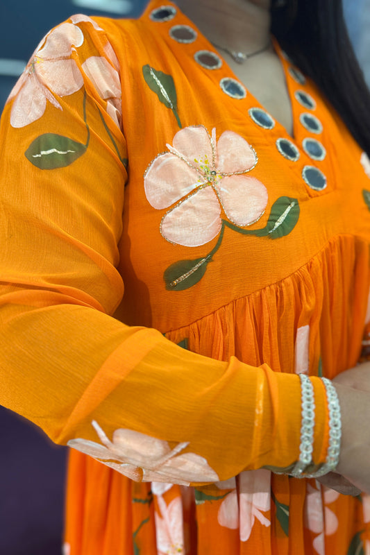 Chiffon Handpaint Orange Anarkali
