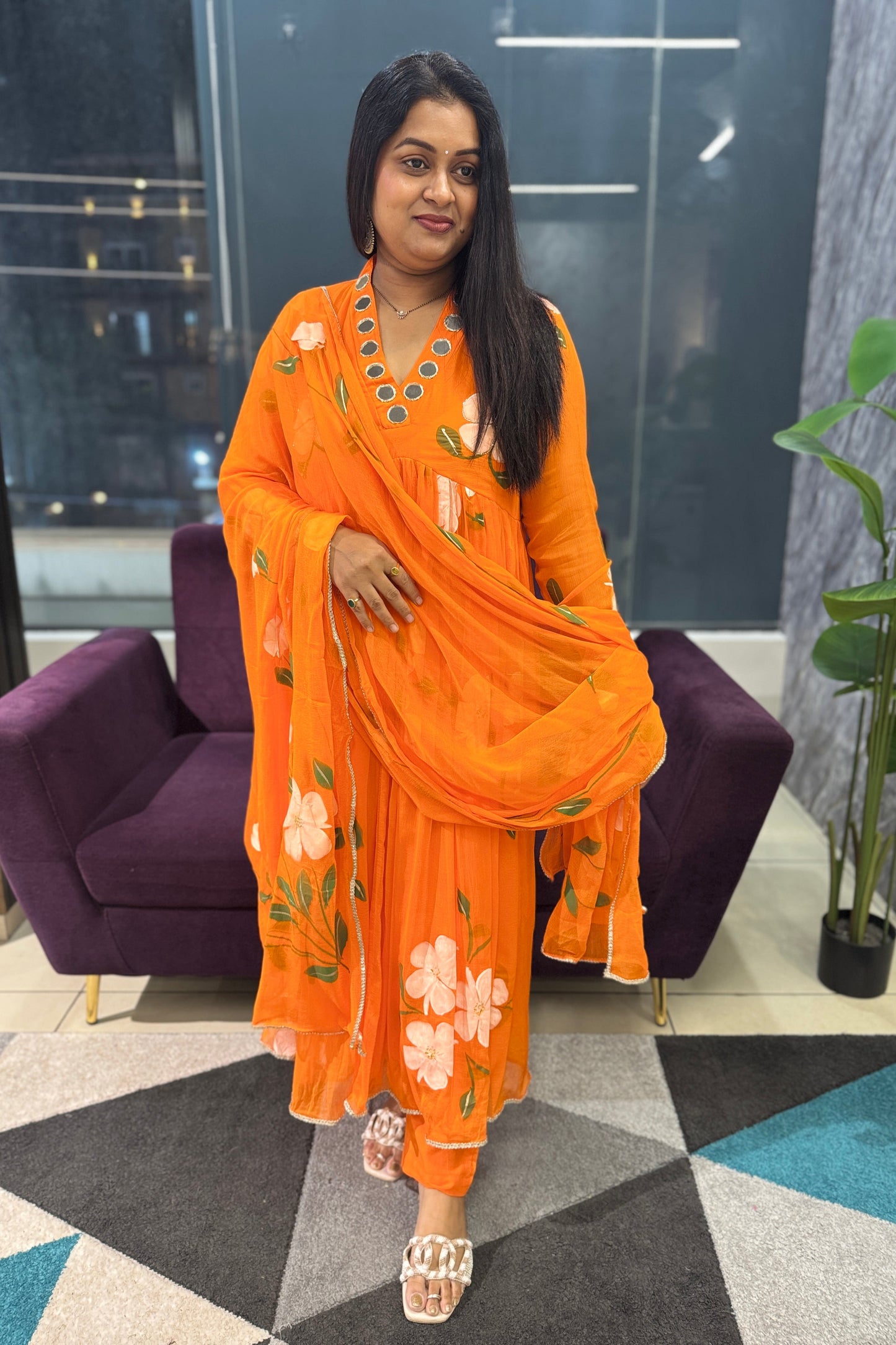 Chiffon Handpaint Orange Anarkali