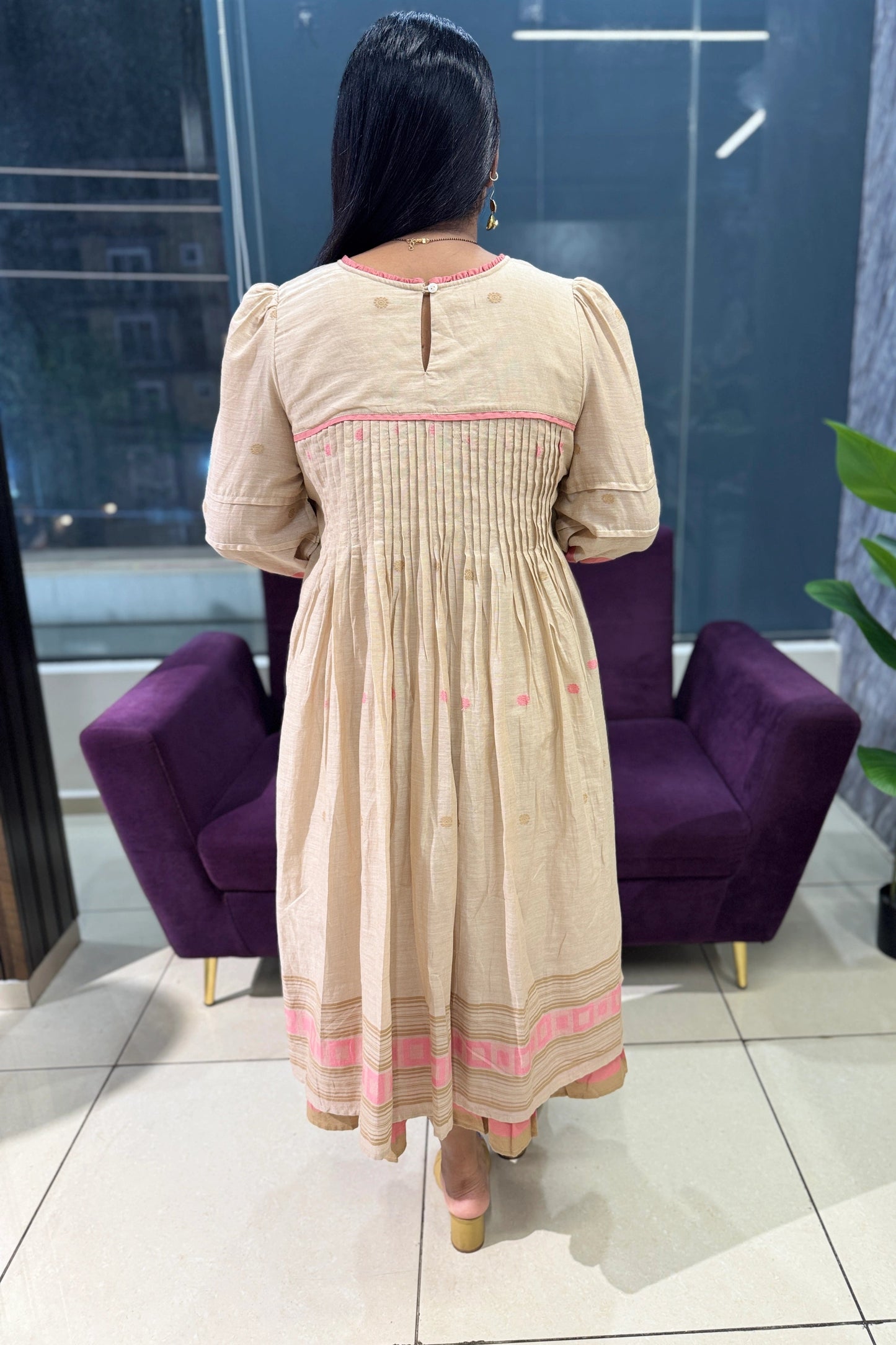 Jamdhani Mulcotton Beige Frock