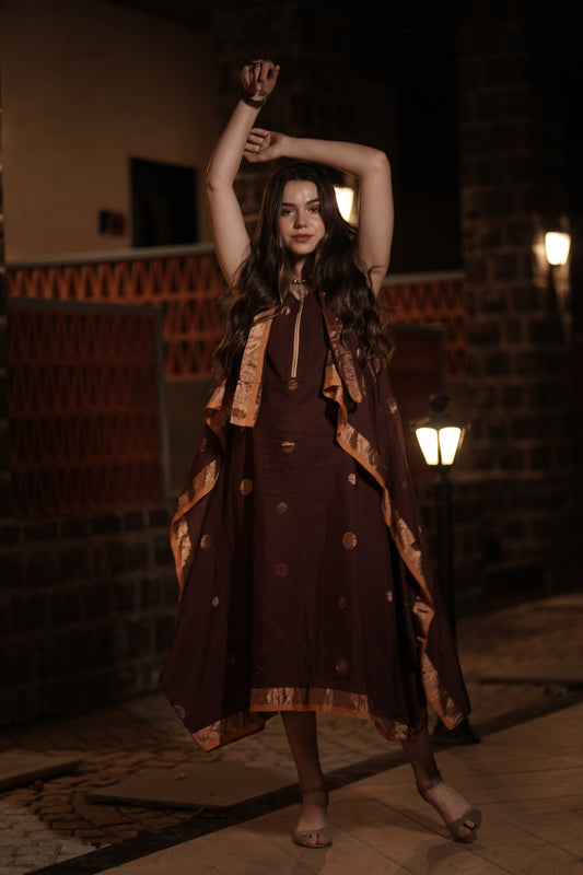 Brown Colour Zip Pattern Cowl Type Frock with Jacket