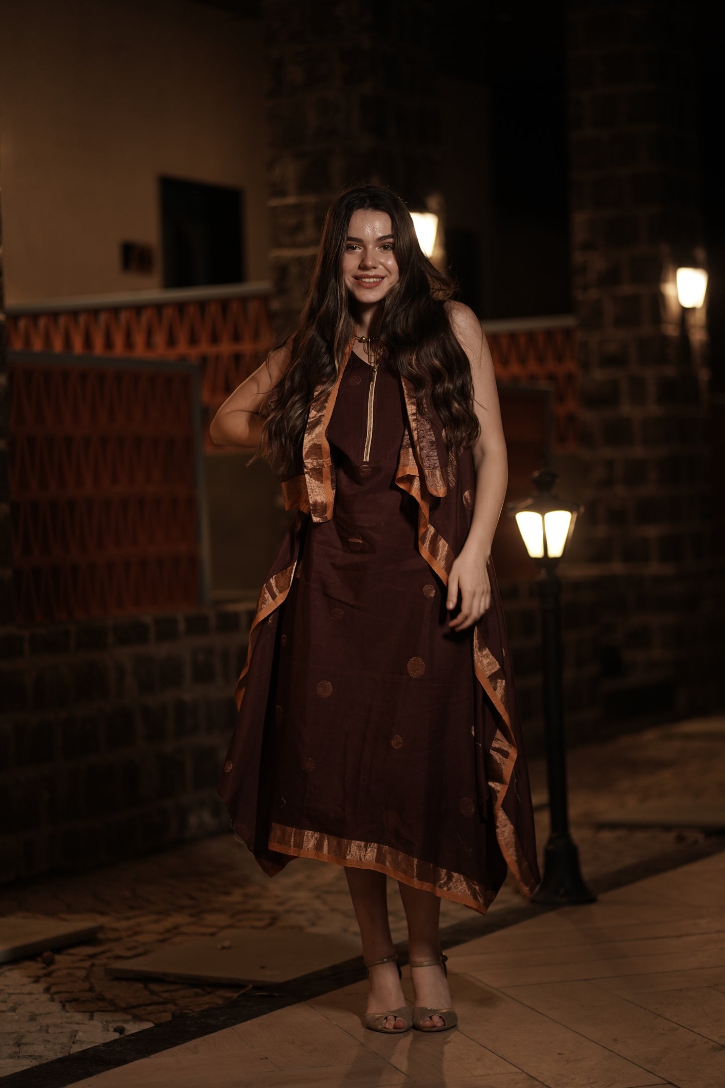 Brown Colour Zip Pattern Cowl Type Frock with Jacket