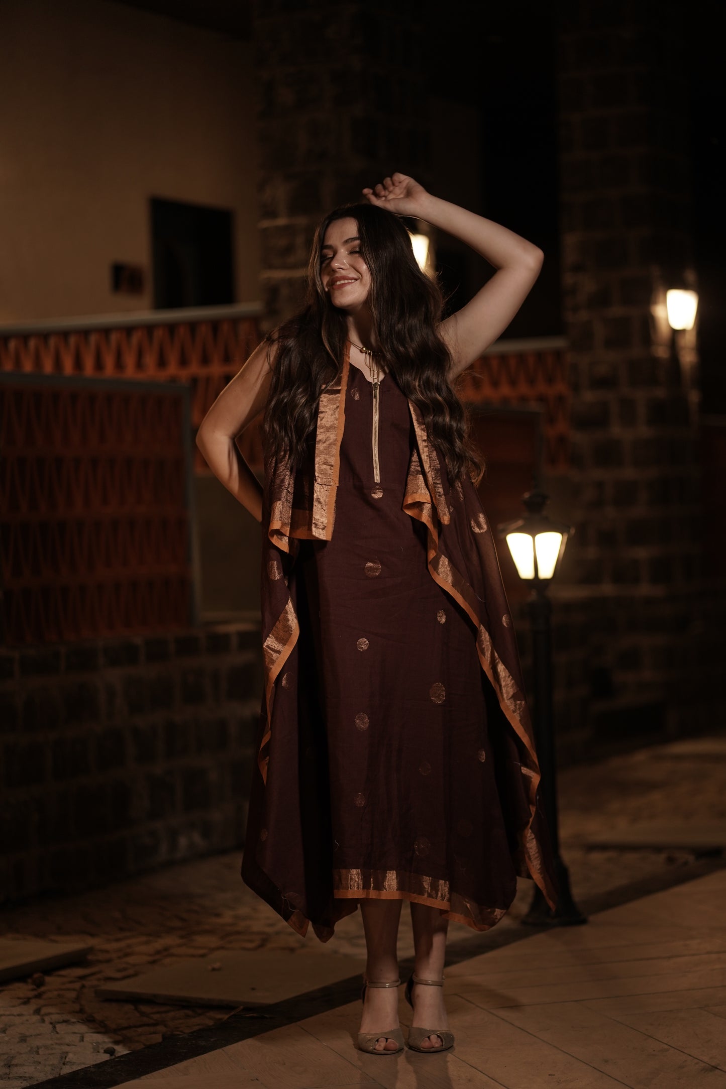 Brown Colour Zip Pattern Cowl Type Frock with Jacket