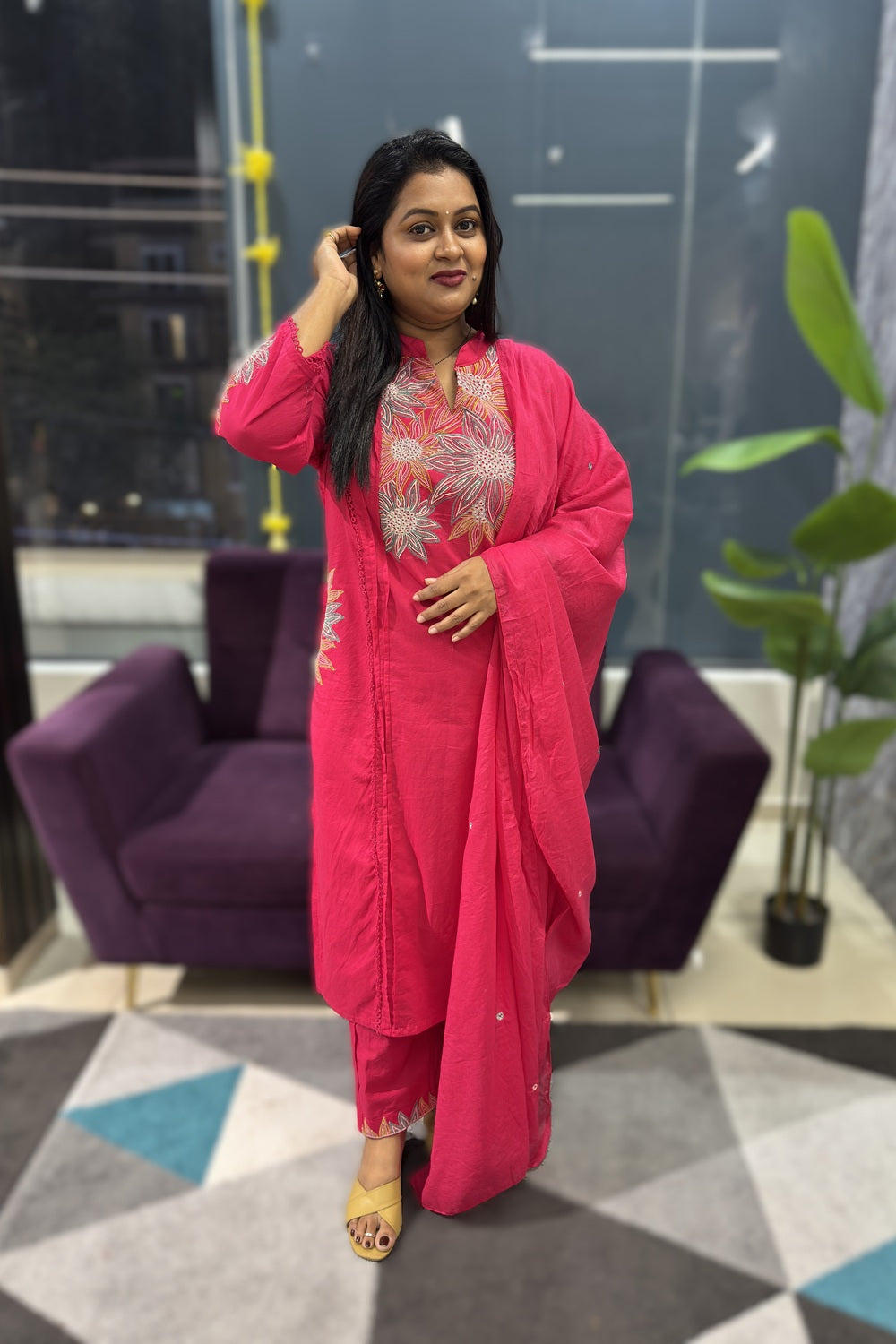 Pink Cotton Suit with suttle embroidery and pocktes on both the sides