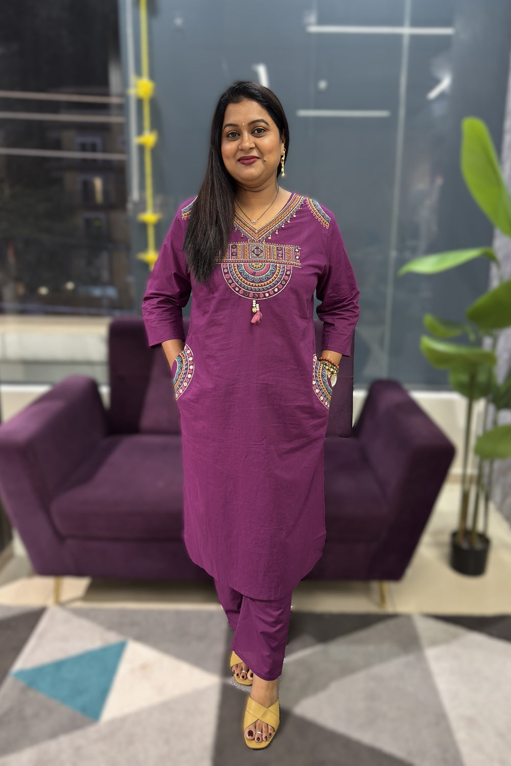 V neck with multicolour Embriodery with pockets on both the sides