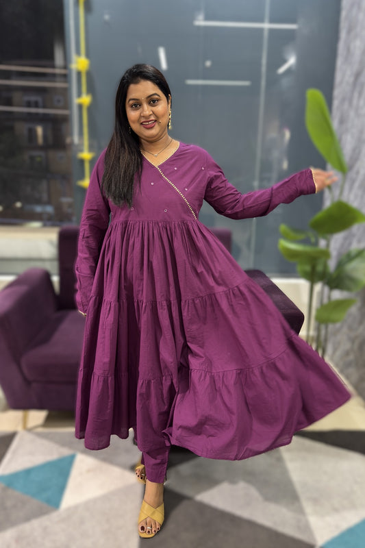 Purple Anarkali with contrast shibori kota doriya dupatta