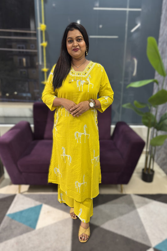 Horse print cotton yellow colour with real mirror work on yoke and pockets