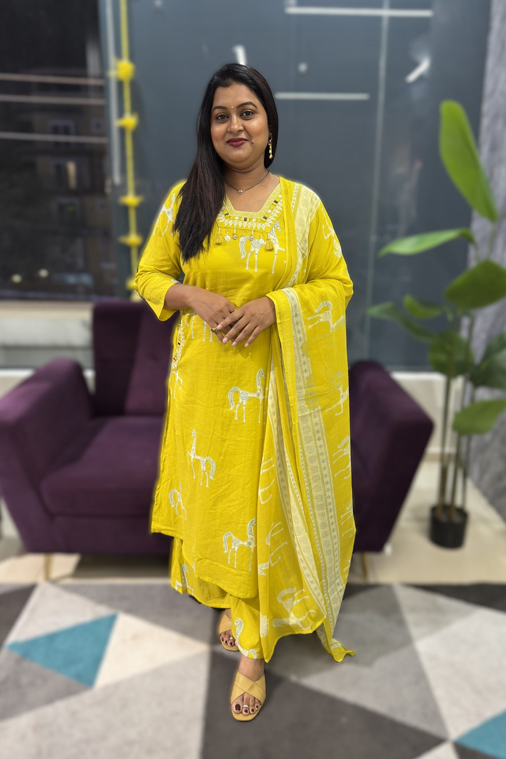 Horse print cotton yellow colour with real mirror work on yoke and pockets