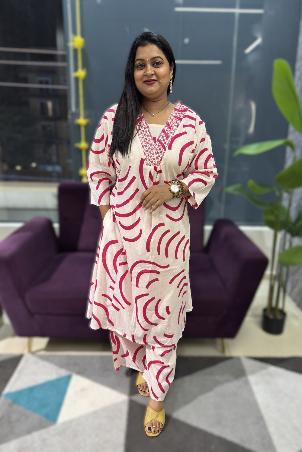 Geometrical print cotton suit set with suttle embroidery on yoke part