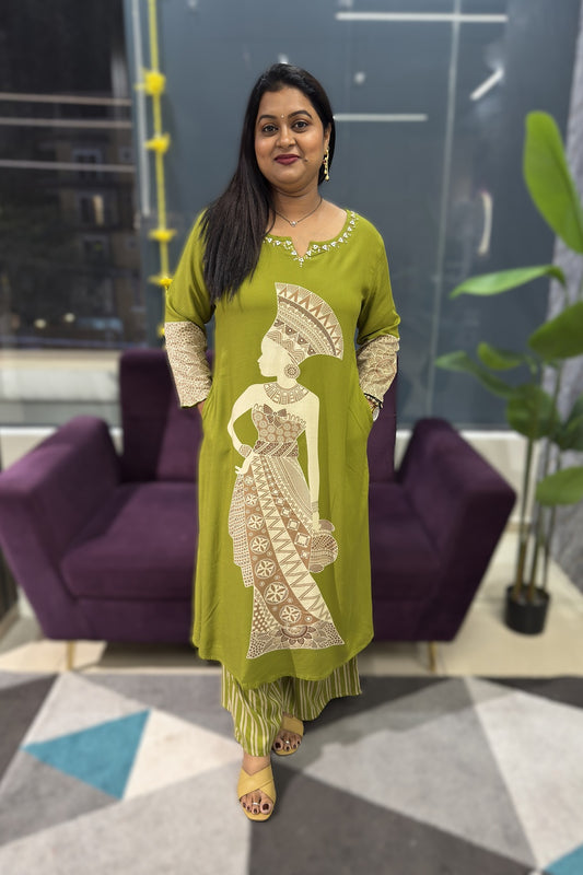 Heritage Print green colour kurti with printed plazo