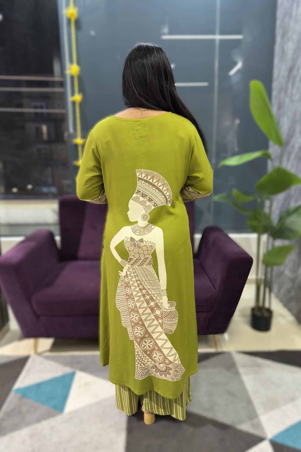 Heritage Print green colour kurti with printed plazo