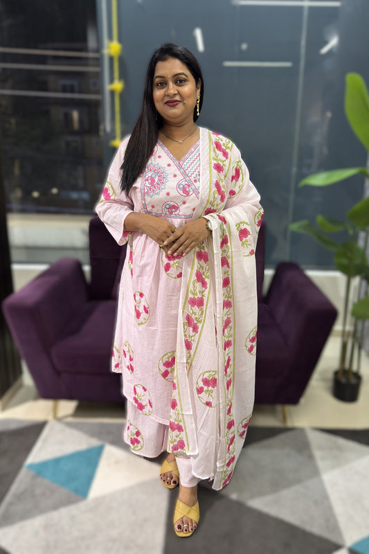 Block Print cotton suit set with cross embroidery on neck