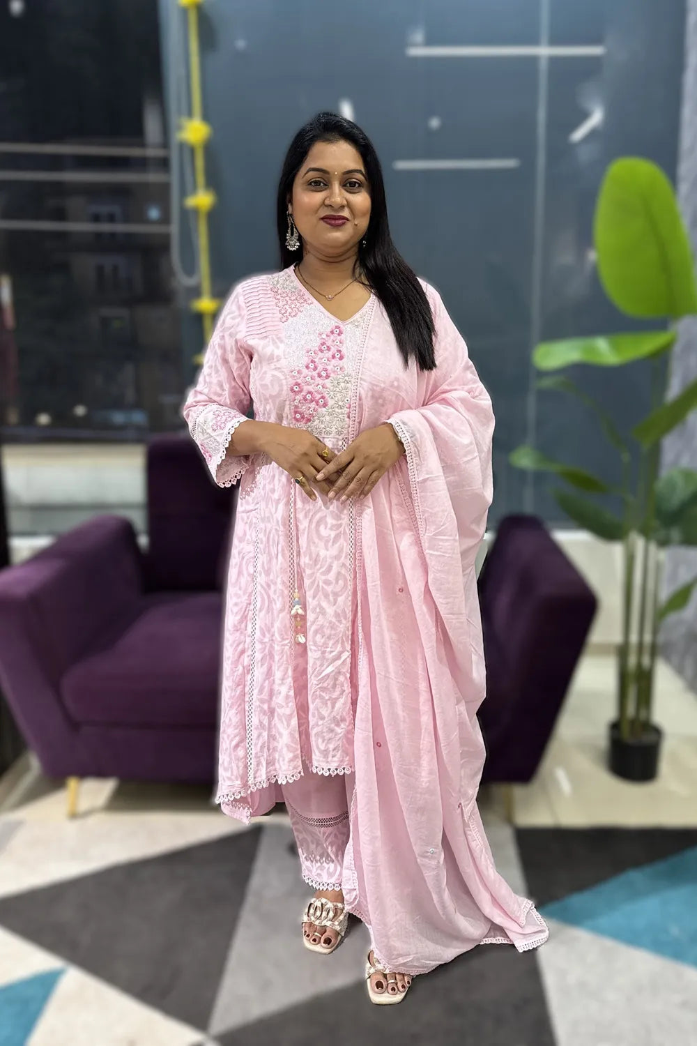 Pink high low pattern pearl work suit set