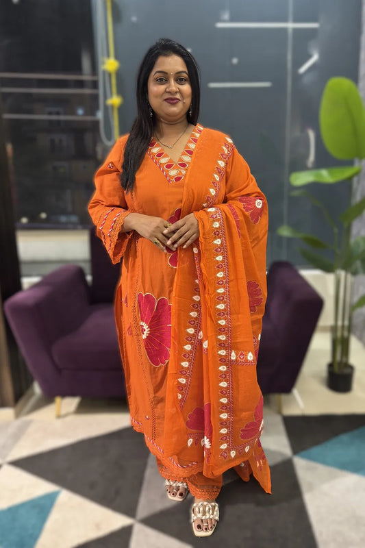 Orange with pink embroidery cotton suit set
