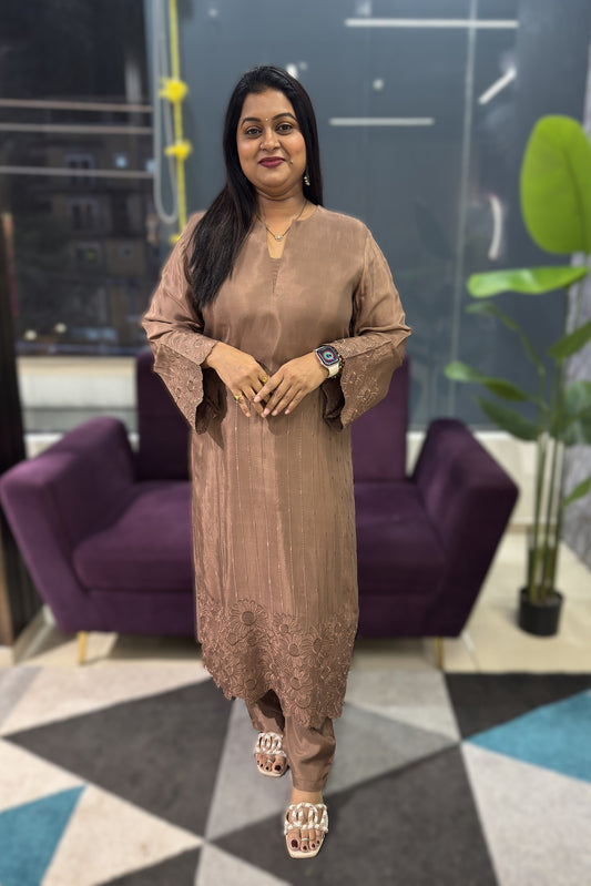 Brown colour pure Maslin self embroidery suit set
