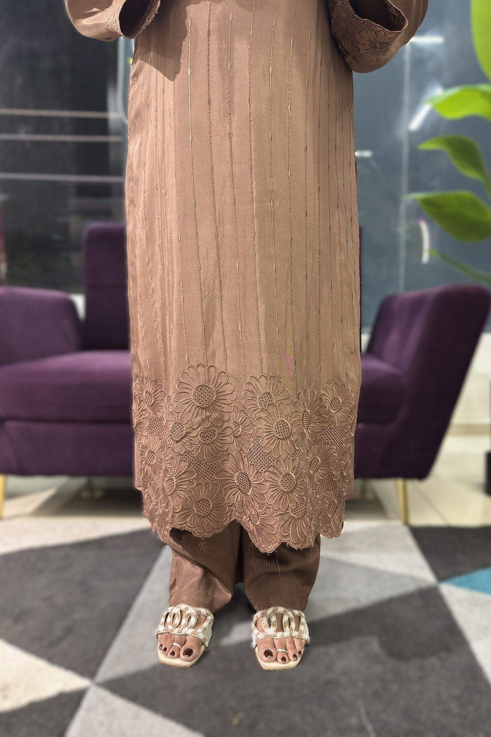 Brown colour pure Maslin self embroidery suit set