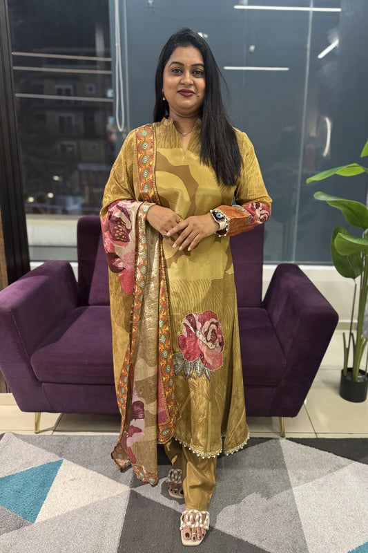 Pure Crepe Designer Mustard Green Handwork Article