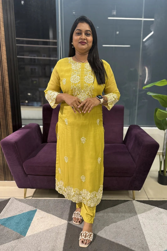 Mustard Colour Viscose Organza Embroidery Article