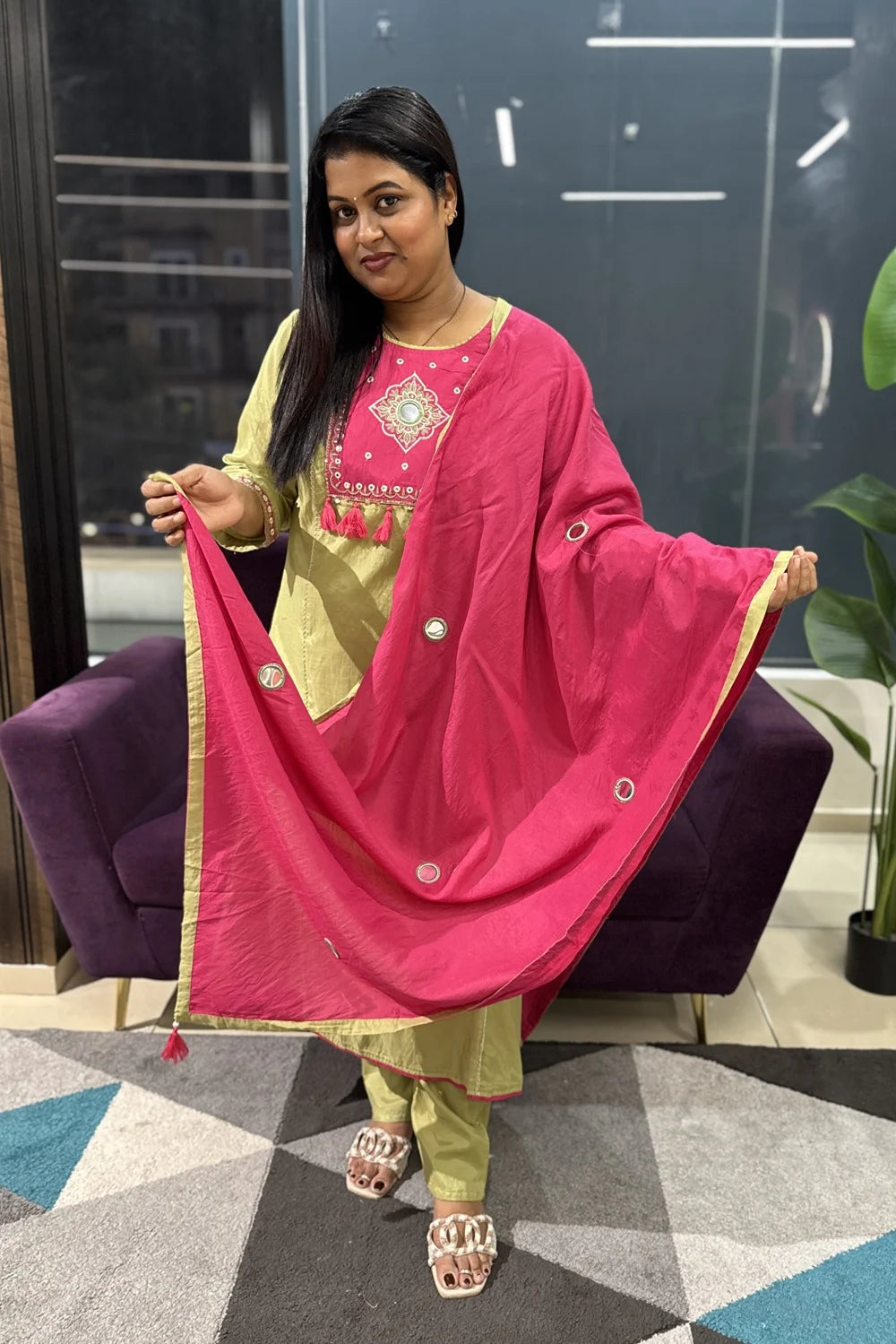 Green and Pink Mulchanderi with contrast pink dupatta