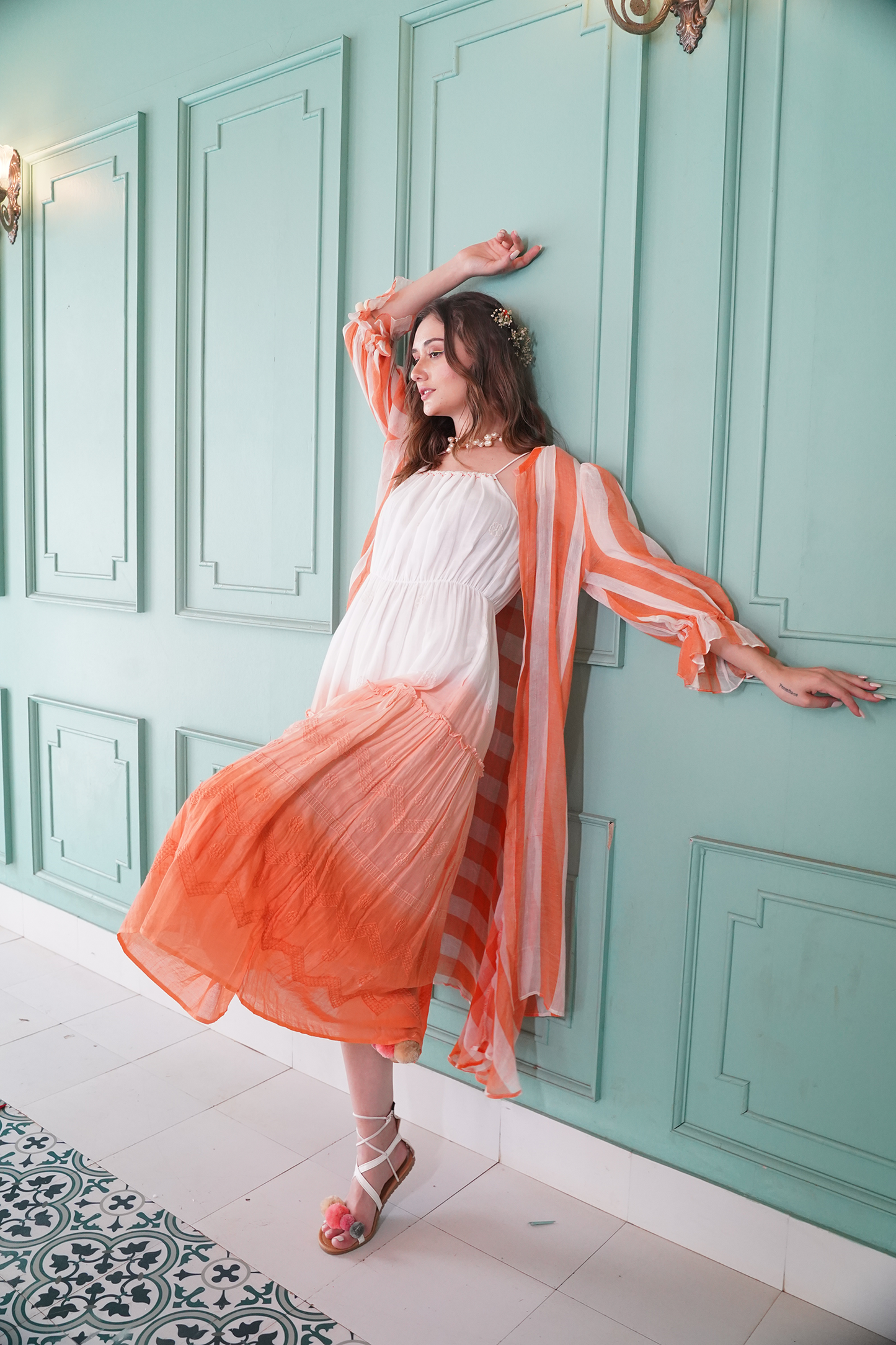 Jacket Pattern Pure Mulcotton Orange and White Frock