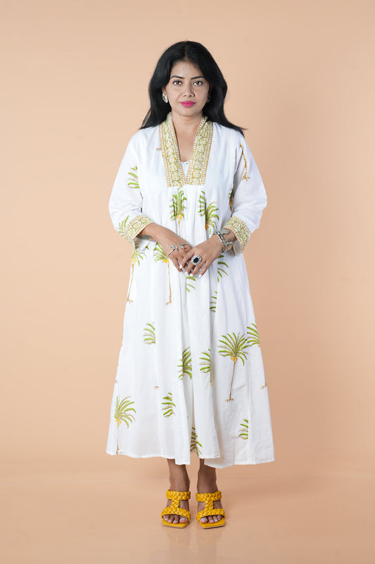 White and Green Block Print Mulcotton Frock