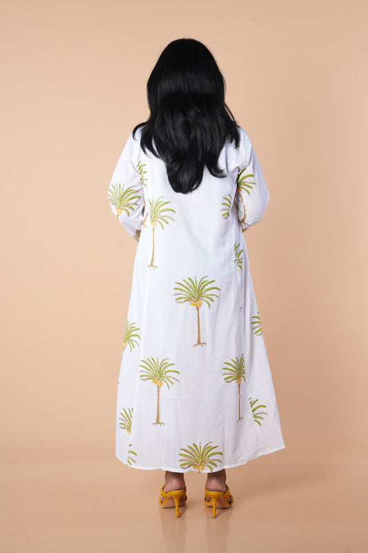 White and Green Block Print Mulcotton Frock