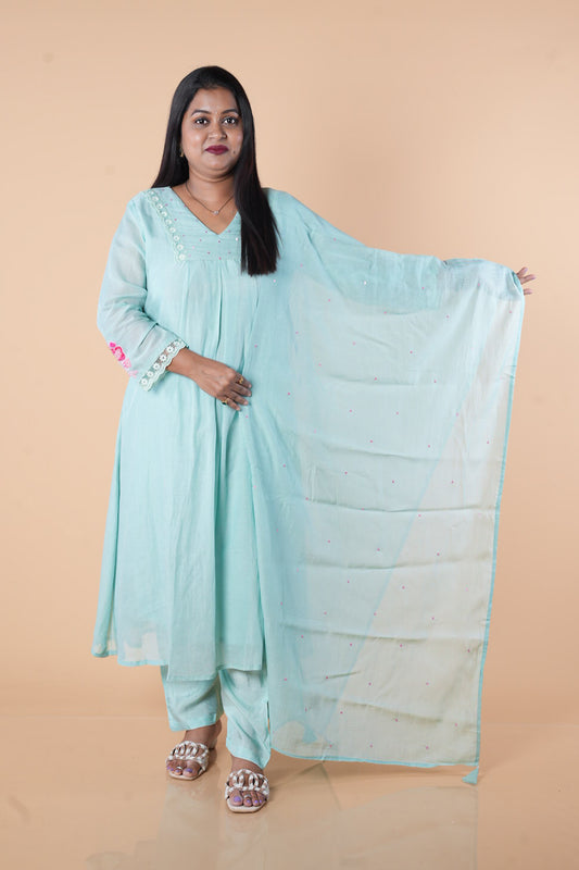 Blue Mulchanderi with contrast pearl detailings on slevees comes with dupatta