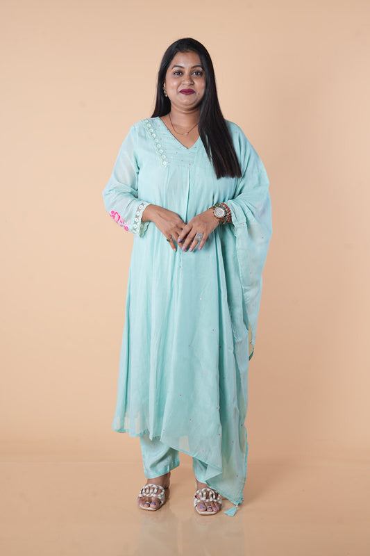 Blue Mulchanderi with contrast pearl detailings on slevees comes with dupatta