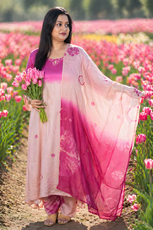 Shibori pink colour Premium Maslin suit set