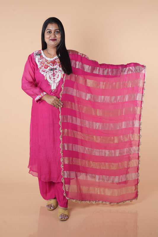 Pure Banarasi Mulchanderi with pearl detailings on yoke