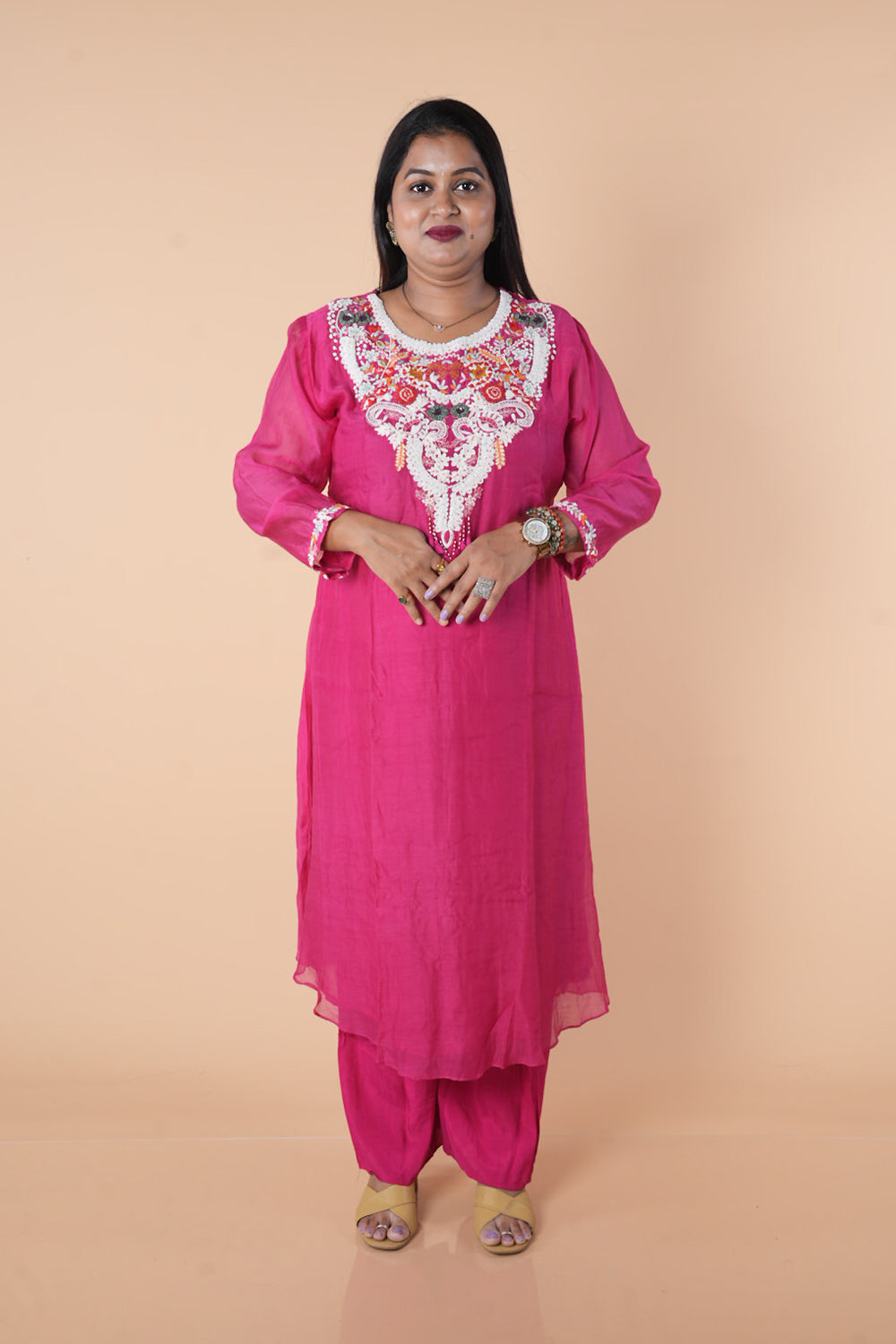 Pure Banarasi Mulchanderi with pearl detailings on yoke