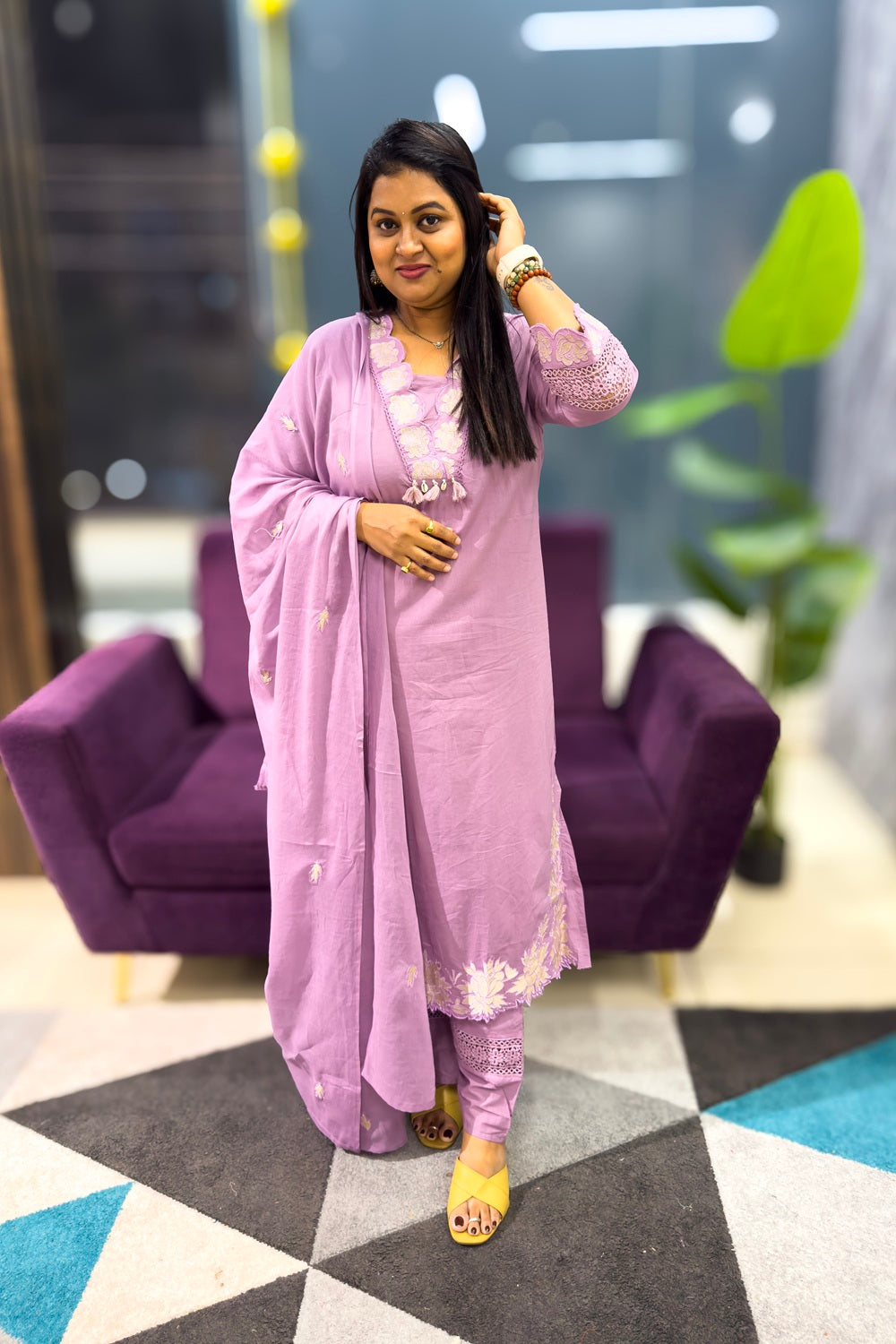 Cotton Suit Set with subtle embroidery and patch detailings