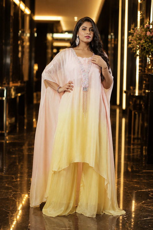 Baby pink and Yellow Shaded Indowestern set