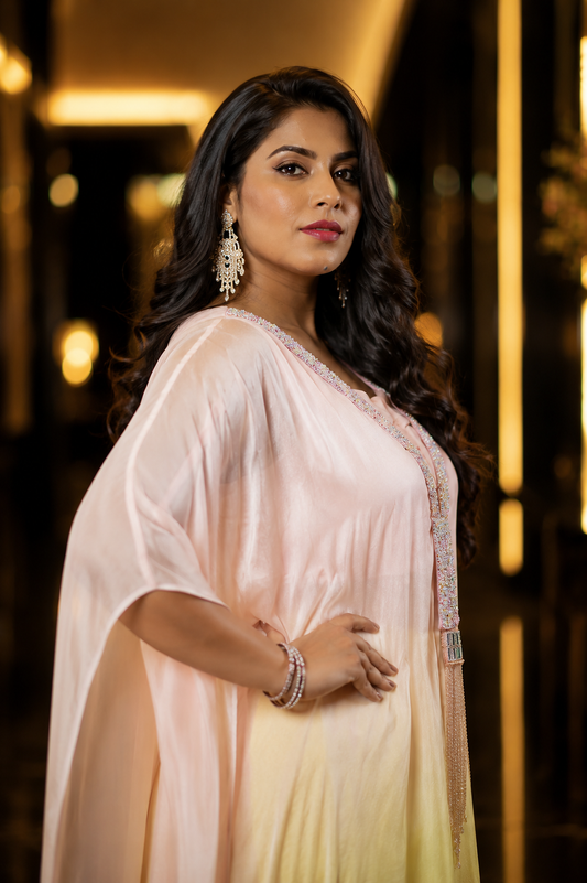 Baby pink and Yellow Shaded Indowestern set